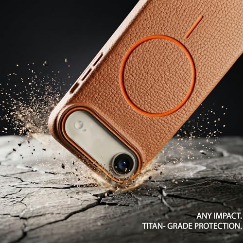 Image of amazon basics Luxury MagSafe Compatible Leather Texture Back Cover for iPhone 17 Air | Raised Camera Protection | Slim Fit Shockproof Case with Metallic Accents (Orange)