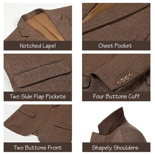 Men's Vintage Herringbone Tweed Jacket Two Buttons Casual Sport Coat Wedding Groomsmen PromBlazer with 2 Pockets3