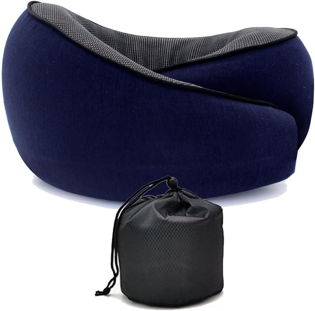Fenyzhen Neck Travel Pillow | Memory Foam Neck Pillow for Comfort on Airplane | Compact and Ergonomic Design for Travel, Car Rides, and Home Use | Ideal for Adults and Kids (Navy Blue)