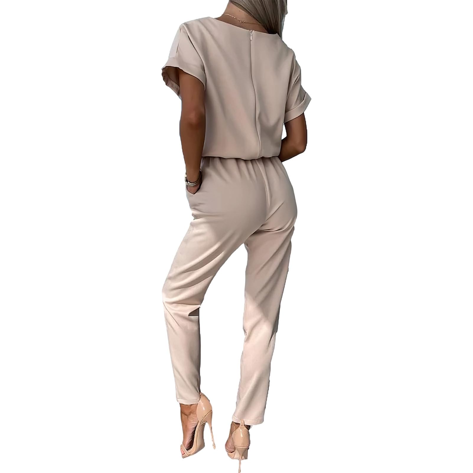 amropi Jumpsuit Damen Elegant Kurzarm Playsuit V-Ausschnitt Casual Lose Overalls Lang Romper