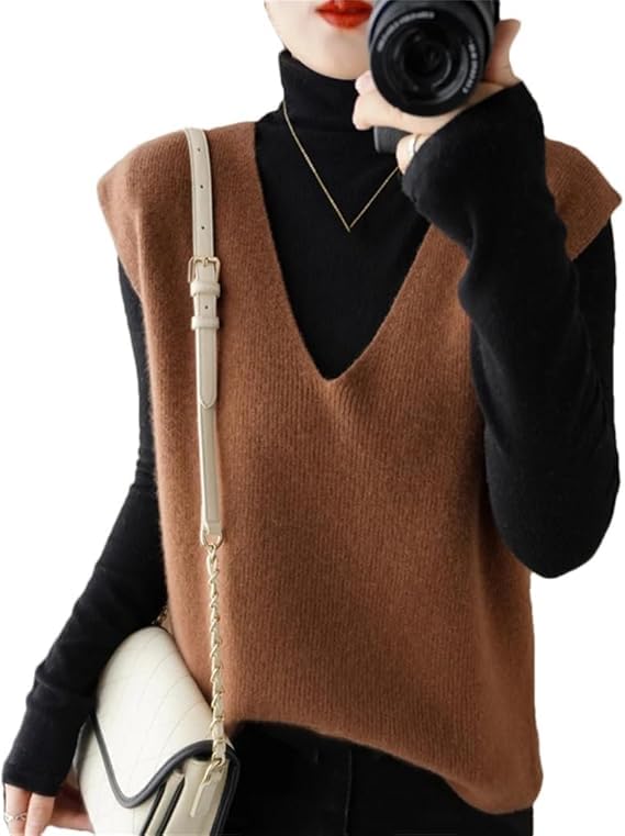 Autumn Winter Women Knitted Cashmere Sweater Vest, Loose Sleeveless V-Neck Knit Sweater Pullover Vest