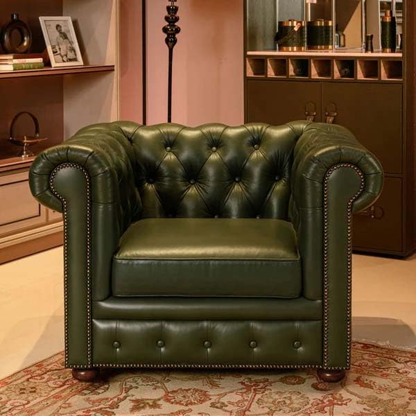 Image of UMAR ARTS Luxury Chesterfield Leatherate Sofa Set, Tufted Genuine Leatherate, Classic Living Room Furniture (1 Seater Olive Green)