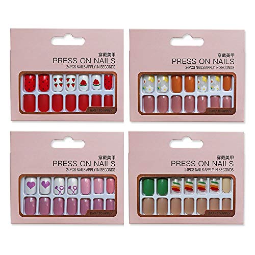 Cute Nails Press-on Fake Nails - 96Pcs with Glue Full Cover Square Medium Length False Nails for Women, Trendy Color Combo for Wedding, Party and Dating (C1 96Pcs with Glue)