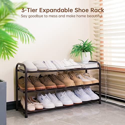 Image of Gonfoam Expandable 3-Tier Shoe Rack for Closet and Entryway, Bronze | Tool-Free Assembly, Metal Material, Adjustable Shoe Organizer, Sturdy, Small Space Solution, Dorms, Garages, Apartments.