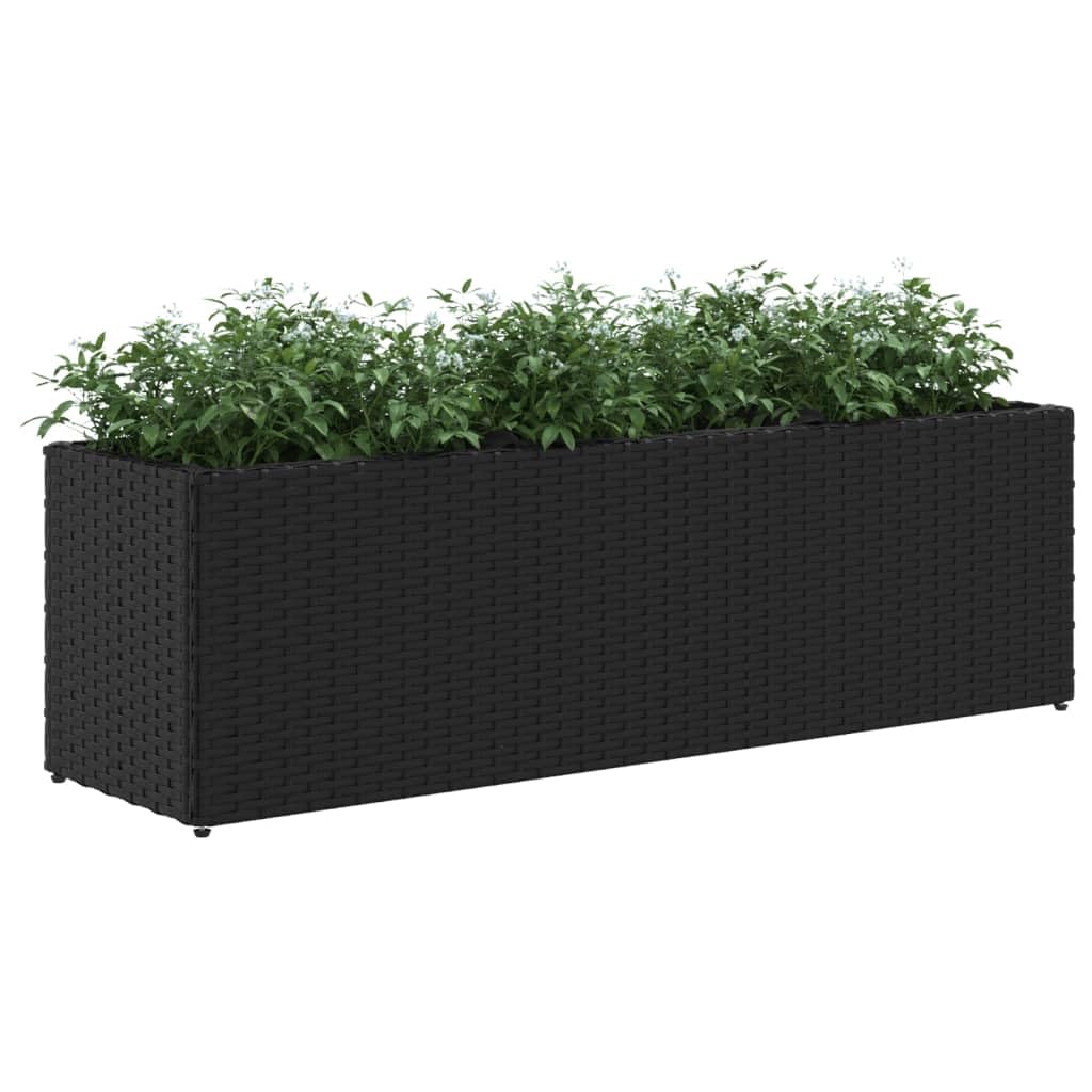 Donica na rośliny z 3 doniczkami, 2 szt., czarna, z polirattanu, 105 x 30 x 32 cm, z workami z włókniny, wytrzymała rama stalowa, odporna na warunki atmosferyczne, na balkon, taras, do ogrodu