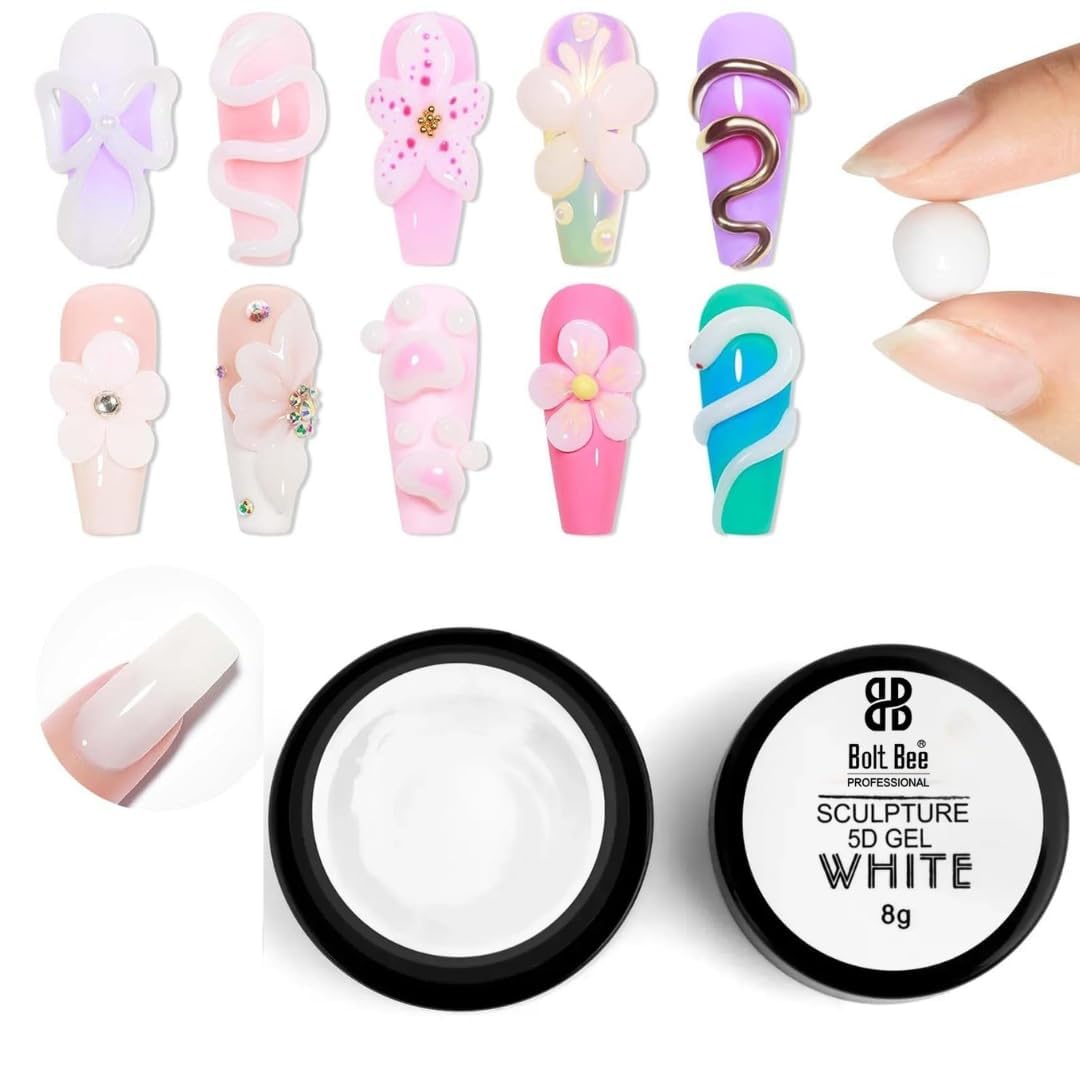 Bolt Bee 3D Top Gel Nail Polish, Semi-Solid Modeling Gel for DIY Nail Art, Chrome Metallic Glossy Finishes, 8g (5D White)-image-29