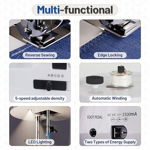 Image of Portable Sewing Machine for Beginners with Full Metal Core,Professional | 42PCS Sewing Kit,Extension Table,39 Stitches,5 Speeds, 6 Layer Fabric,Double Needle, Foot Pedal, Dual Power, Mini Electric