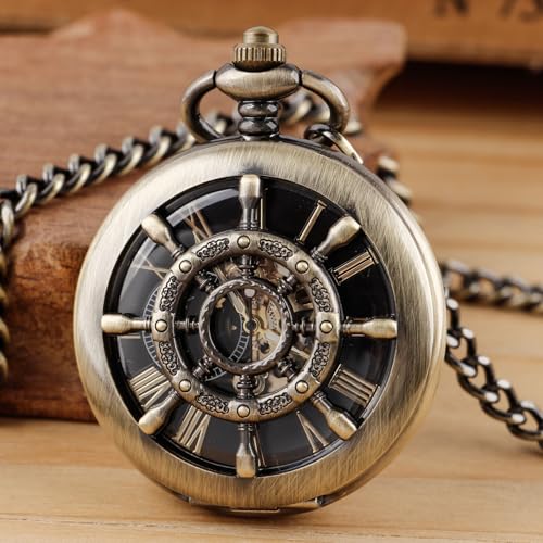 Image of Men's Mechanical Pocket Watch Black Rudder Pattern Double Open Hollow Roman Numerals Pocket Watch