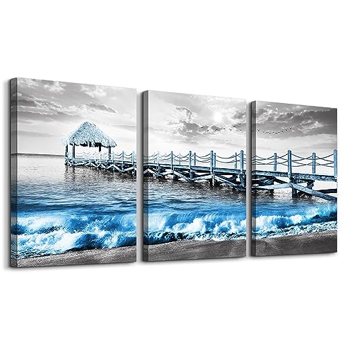 DZRWUBHS Canvas Wall Art - Modern Decor for Bedroom, Living Room, & Office - Black and White Beach Scene - 3 Framed Posters, Large Size