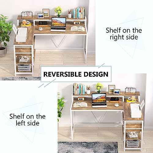Image of Tribesigns L Shaped Desk with Drawers and Monitor Stand, L Corner Desk with Storage Shelves, Beige Wooden PC Table for Samll Home Office