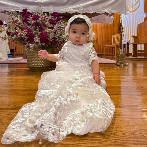 Baby Long Ivory Christening Gown Lace Baptism Dress with Bonnet