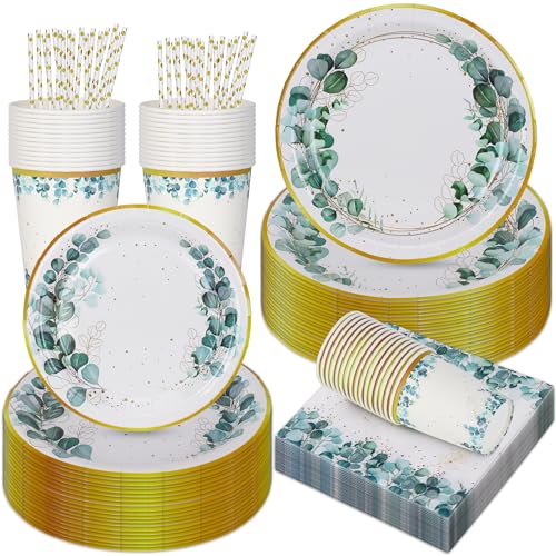 Assiettes et serviettes de table vert sauge, assiettes jetables vert sauge et or, décoration de table en eucalyptus, pour 25 personnes (ensemble