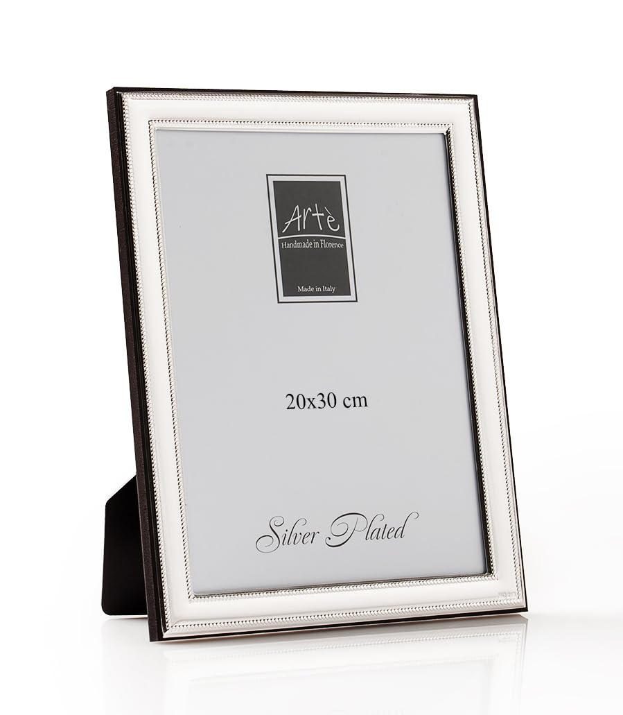 ARTÉ 20 x 30 cm (A4) Marco para fotos, fabricado en Italia, elegante chapado en plata, plateado antioxidante, banda de 1,5 cm, bonito marco de plata con parte trasera de madera caoba E136/20 x 30