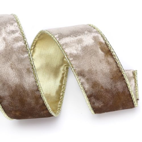 Image of Ribbli Camel Velvet Wired Ribbon 1.5 Inch Metallic Khaki Gold Crushed Velvet Christmas Ribbon for Gift Wrapping Christmas Tree Decoration Crafts Wreaths Supplies-Continuous 10 Yards
