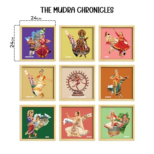 Image of Indian Classical Dance forms Wall Art Paintings with Frame For Living Room | Traditional Indian Dance Culture Framed Wall Art Paintings for Home, Set of 9, (9x9 Inch)