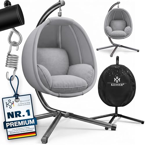 KESSER Luxe Hängesessel mit Gestell + weiches Sitzkissen und Abdeckung Seitenpolsterung Rückenkissen Hängekorb Indoor & Outdoor Garten Schaukel Hängestuhl Stabiler Standfuß max. 150 kg Grau