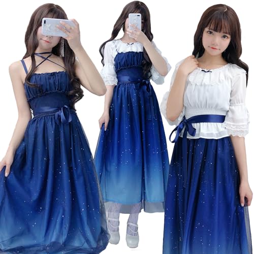 New Years Eve Outfits WomenFairy Dress Casual Girl Princess Sweet Lolita Gradient Starry Sky Deep Blue Star Long Dress2