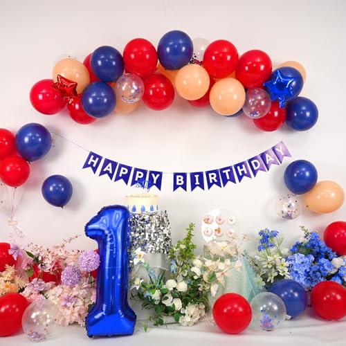 Image of 1st Birthday Decorations for Boys Baseball,Navy Blue Red Nude Balloons | Party Decorations Birthday Banner with Number 1 Baseball Glove Foil Balloons Cake Topper Sport Party Baby Shower