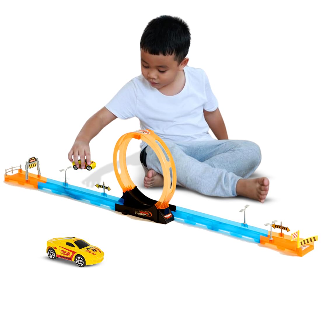 Wembley 15 Piece Multiplayer Track Set Loop Diecast Car Racing Adventure Toys for Kids 3+ Years with Single Loop 360° Spin Way 1 1:64 Scale Pull Back Car