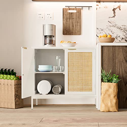Anmytek Rattan Cabinet, White Sideboard Buffet With Storage Spacious Storage Cabinet With 2 Rattan Decorated Doors Fixed Shelf Large Space For Living Room Hallway Entryway Dining Room, H0012 #TOP5