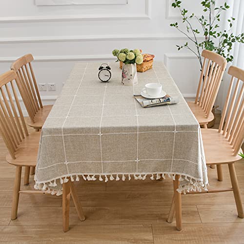 OOYCYOO Tischdecke abwaschbare Quadratisch Kariert Wasserdicht Tischtuch Quaste Baumwolle Leinen Elegante Tischwäsche Küchentischabdeckung für Speisetisch(Khaki ,90x90cm) Cover