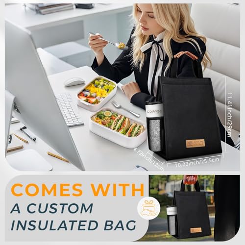 صندوق طعام بينتو من الفولاذ المقاوم للصدأ 304: مزدوج الطبقات وآمن للاستخدام في الميكروويف، عزل حراري قابل للفصل - للبالغين والطلاب والمكتب والمدرسة - مع شنطة حرارية وأدوات مائدة من اداندو، 1.4 ل