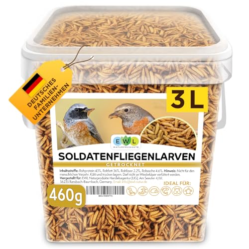 EWL Naturprodukte Soldatenfliegenlarven getrocknet 3 L (460 g), Premium Insektensnack Vögel, Fische, Schildkröten, Nager, Reptilien, Vogelfutter, Wildvögel, Ganzjährig Eichhörnchenfutter, Igelfutter