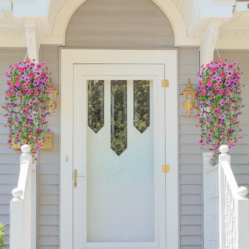Image of Bassion Artificial Mums for Outdoor, 2 Pcs Fake Fall Hanging Flowers (Rose Red Purple) | Realistic fake silk flowers, UV resistant, faux plants, for outside home patio garden balcony yard front door porch decor