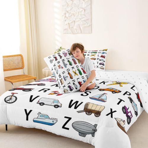 Image of Feelyou Excavator Kids Comforter Fire Truck Police Car Boys Comforter Set Helicopter Motorcycle Ambulance Toddler Bedding Set Alphabet Vehicle Cars Quilt Set Decor with 1 Pillowcase 2Pcs Bedding Twin