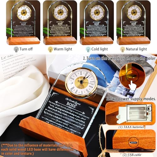 Image of Ornalrist Boss Glass Clock Gifts for Women Men with Wooden LED Light Base, Appreciation Gift for Best Boss, Gift Idea for Lady Boss Going Away Retirement Boss's Day Leader's Day Desk Office Decor