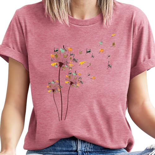 Pqz Cat Shirts For Women Flower Tee Shirts Dandelion T-Shirt Vintage Floral Tee Tops Women Graphic Tees thumb #2