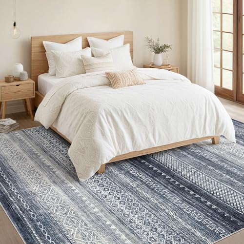 Nakagishi 10x12 Area Rug Living Room: Washable Boho Large Neutral Modern Soft Stain Resistant Farmhouse Indoor Floor Rug Non-Slip Accent Carpet for Bedroom Nursery Kids Playroom Office- Blue