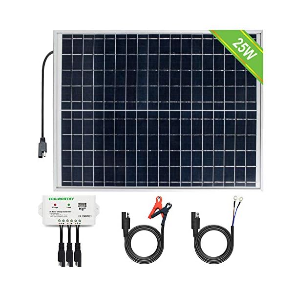ECO-WORTHY 12V 25W Sonnenkollektorsystem: 1pc 25W Polykristallines PV-Panel mit 3 Draht- und 30A-Batterieklemmen mit 6…