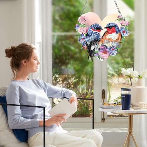 Image of Diamond Art Painting Hanging Kit for Adults, Heart-Shaped Romantic Love Birds DIY Diamond Painting Acrylic Ornament, Diamond Art Pendant Window Suncatcher Wall Door Home Decor
