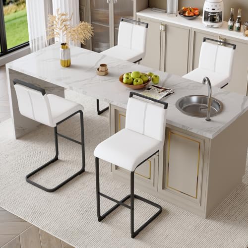 Butacos de altura para barra, juego de 4 unidades, color blanco y negro, estructura metálica con acabado negro, asiento metálico, con respaldo y reposabrazos miniatura 3