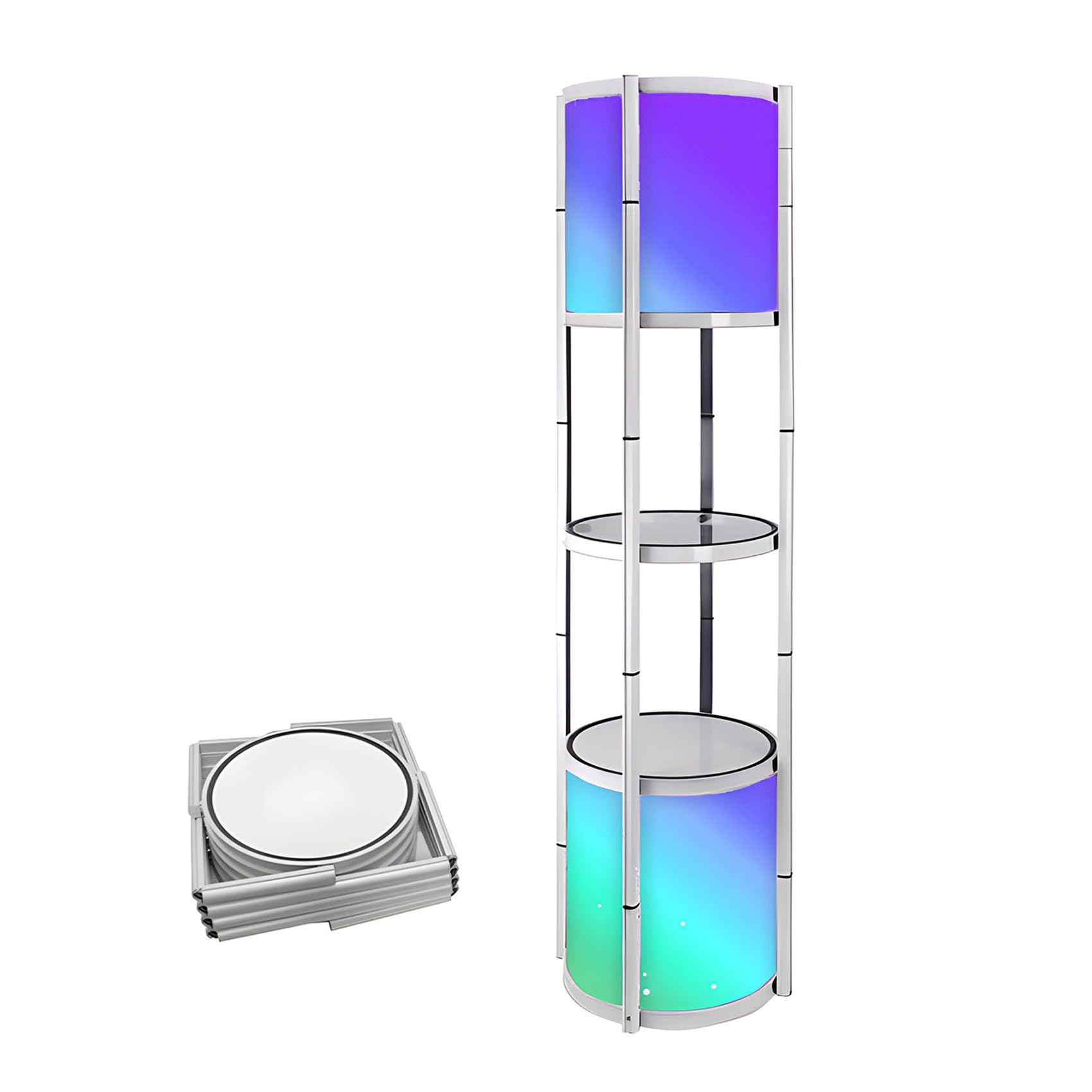 Foldable Display Case,Portable Display Cabinet,Retail Display Racks,Storage Showcase Cabinets Luminescent with LED-Light for Tradeshow Display,Tradeshow Booths ,White Round 4-Shelves 18x76inch