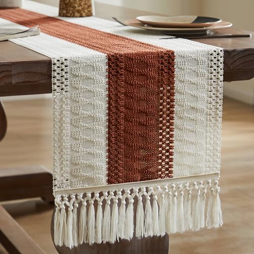 Image of ZeeMart Macrame Style Bicolor Stitching Table Runner, 14 x 72 Inch Terracota /Ivory, Boho Rust Table Runners 72 Inches Long, Farmhouse Woven Home Decor