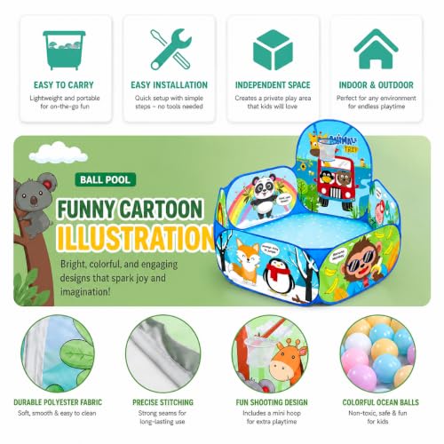 Image of Magicwand Toddler X-X-Large Size Polyster Multi-Colored Animal Theme Pop-Up Activity Ball-Pool with 10 Balls Play Tent