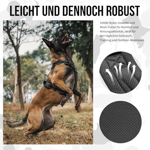 OneTigris Hundegeschirr, Diesel Einstellbar Taktisches Geschirr Weich Gepolstert Brustgeschirr für mittelgroße und große Hunde mit Reflektierend, 1 Griff, 3 D-Ringe (Schwarz, XL)