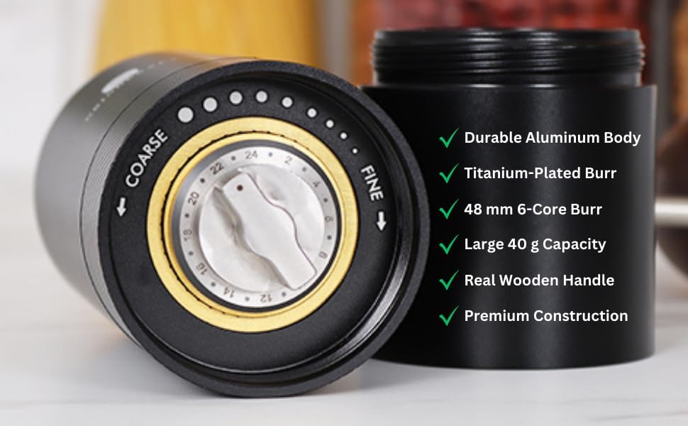 Miniatura 4 de Molinillo de café manual de alta calidad con molinillo de rebabas de acero inoxidable chapado en titanio para granos de café, expreso, prensa