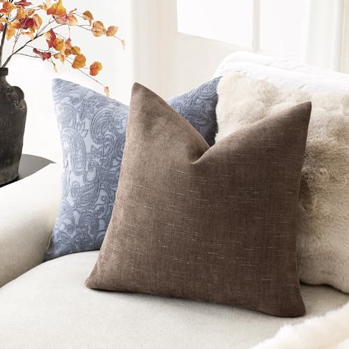 Image of Foindtower Set of 2 Soft Textured Chenille Throw Decorative Pillow Covers Square Accent Solid Cushion Cover Cozy Neutral Farmhouse Pillow Case for Couch Sofa Bedroom Living Room 16x16 Inch, Chocolate