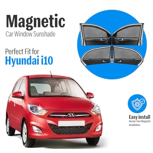 Image of Autofact Magnetic Car Sunshades Compatible with Hyundai i10 Old (2007 to 2017) (Set of 4) - Easy Installation, UV Protection, Keeps Car Cool (Front 2 with Zippers, Rear 2 Without Zippers)