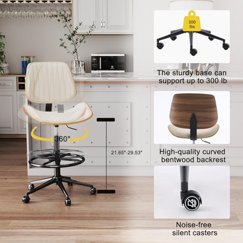 Image of Drafting Home Office Chair, Swivel Desk Chair with Bend Wood Backrest, Ergonomic Office Chairs with Adjustable Height and Footrest Ring for Bar Lab Counter Height Desk and Drawing (Ivory)