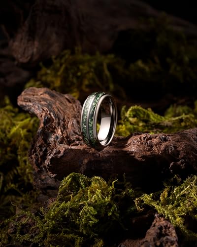 100S JEWELRY Gunmetal Tungsten Rings For Men Wedding Band Green Moss Agate Inlay Dome Edge Polished Finish Size 6-162