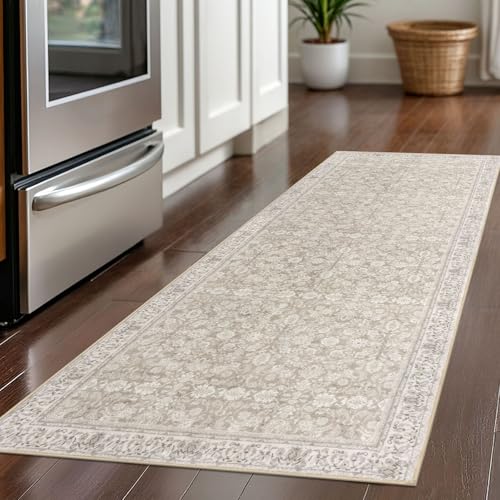 2x5 Washable Rug Cream Beige White Grey Small Area Rug for Entryway, Soft Non-Slip Indoor Door Mat Distressed Floral Low-Pile Kitchen Rugs, Neutral Vintage Carpet for Entrance Kitchen Bedside