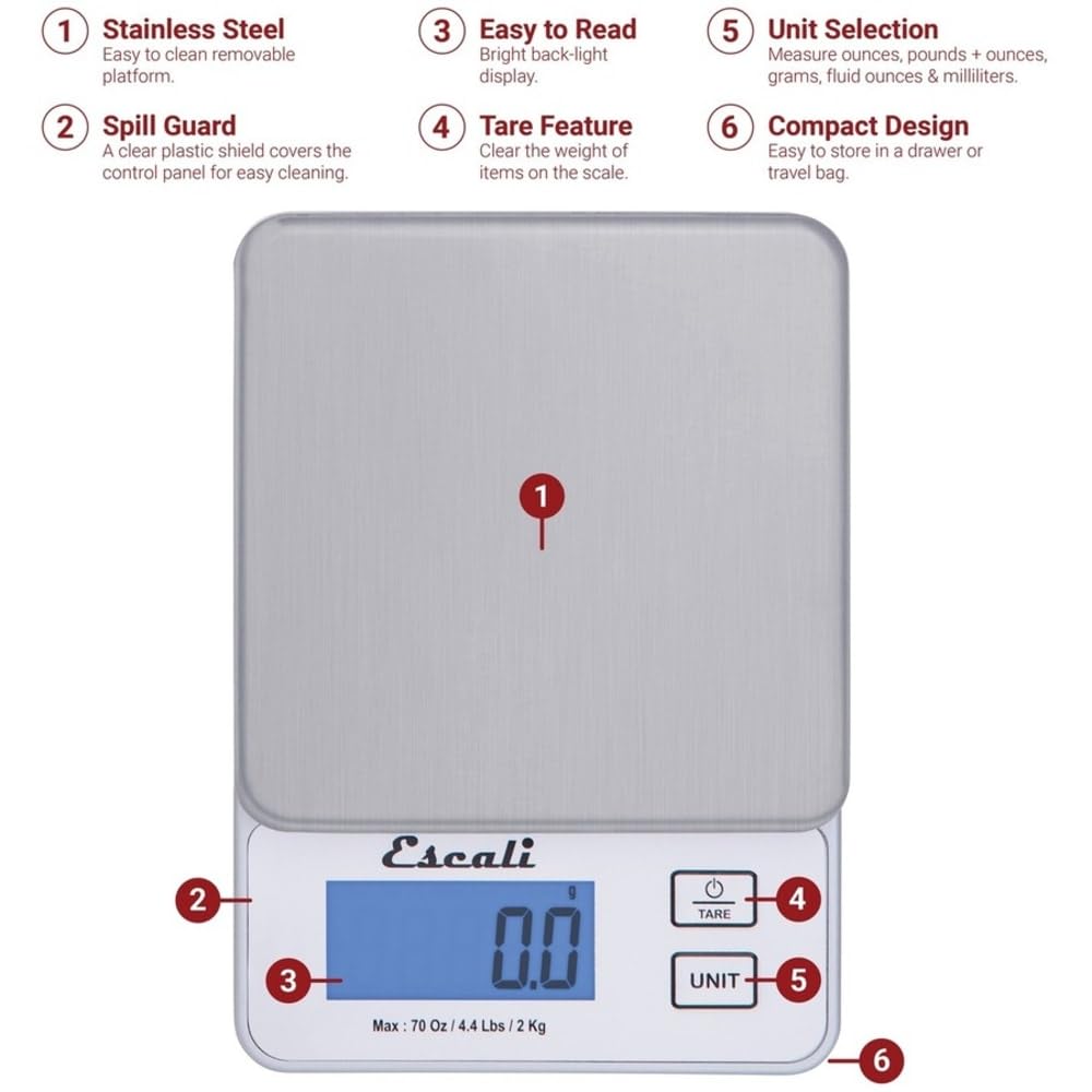 Escali Vera PR2000S Báscula compacta de alta precisión para cocina/panadería/hierbas, mide ingredientes líquidos y secos, pantalla digital LCD, capacidad de 2 kg, plata