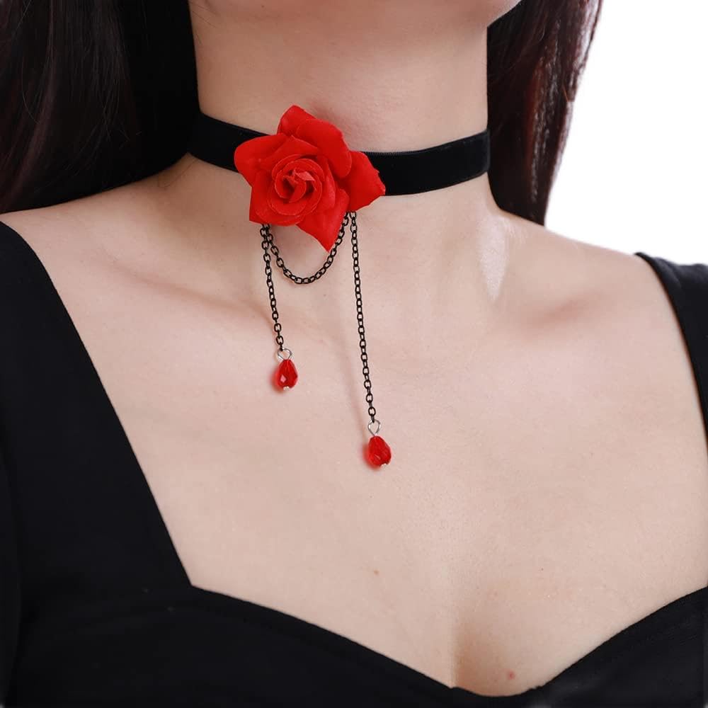 Amazon.com: Xerling Red Rose Flower Choker Necklace Black