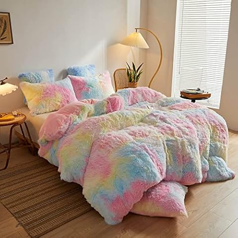 XeGe Rainbow Plush Faux Fur Duvet Cover King Size Cover