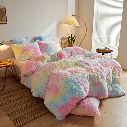 XeGe Rainbow Plush Faux Fur Duvet Cover Queen Size, Tie Dye Print Shaggy Furry Comforter Cover, Soft Colorful Fluffy Fuzzy Velvet Bedding with Zipper for Bedroom Teens Girls Children(Queen, Rainbow)