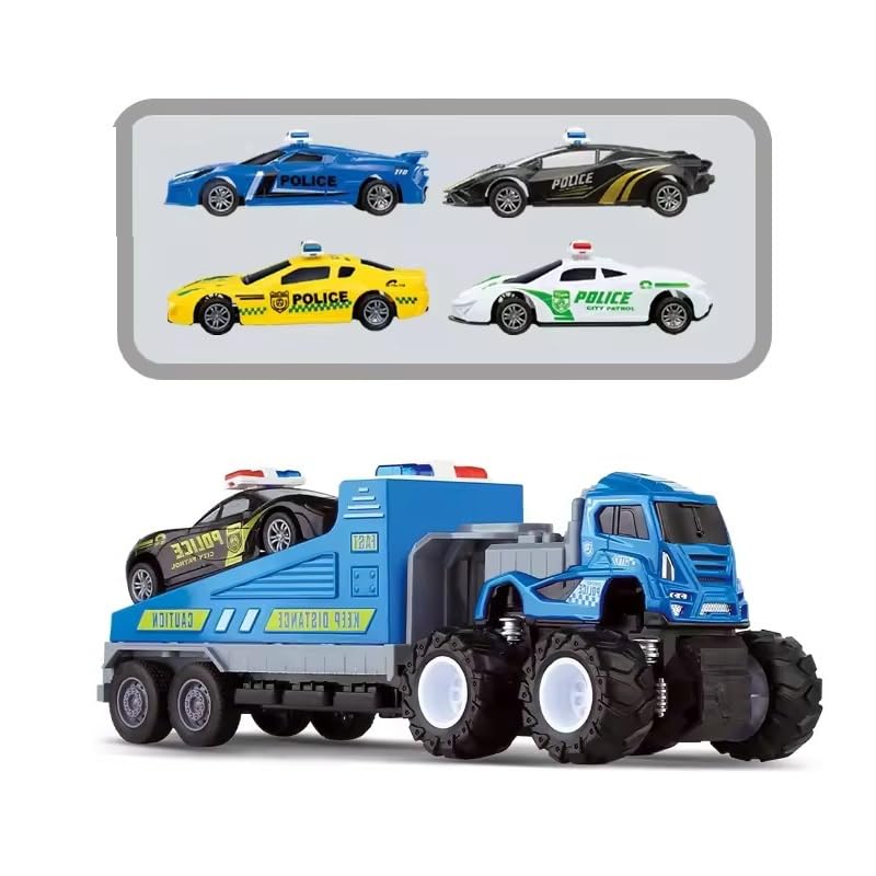 Image of SHIPEASE Friction Powered Police Car Transport Toys for Kids Boys Girls 1:43 Rescue Trailer Truck with Die Cast Model Cars Carrier Truck Toys Miniature Pull Back Vehicles (Multicolor)